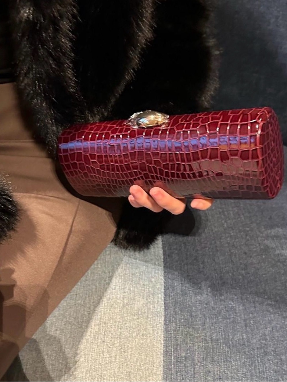 Elegant Burgundy Croc-Embossed Clutch with Gold Accent